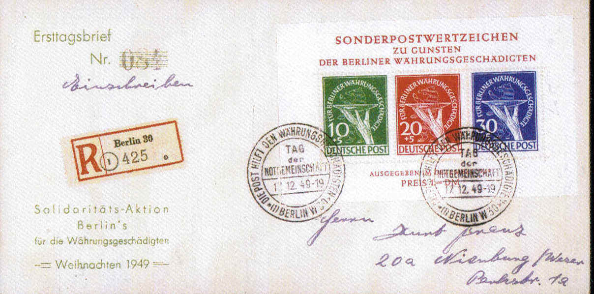 Berlin (West): "Fr BERLINER Whrungsgeschdigte " -  FDC Block 1  vom 17.12.1949