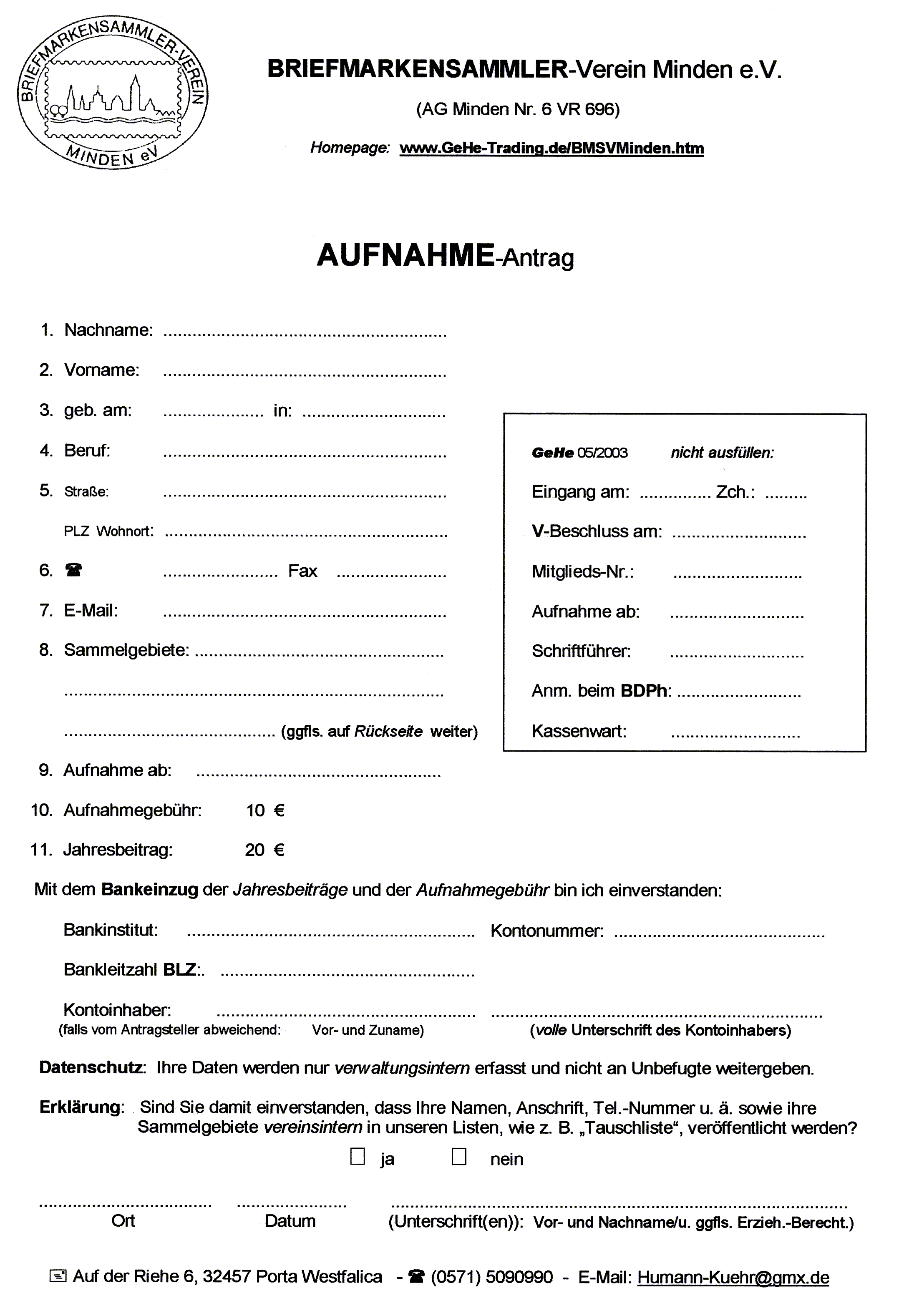 BMSV Minden: AUFNAHME-Antrag