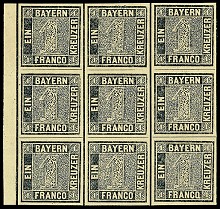 Die 1. deutsche Briefmarke: "die schwarze EINSER" = BAYERN 1 Kreuzer  -  Ausgabe: 1. November 1849  -  Michel 1Ia, Platte 1, geschnitten. 1 Kr. schwarz,  ungebrauchter Neunerblock vom linken Bogenrand mit breiten Rndern, sechs postfrischen (!) Marken (mittlere Reihe minimale Knitter belanglos) und in sehr schner, farbfrischer Gesamterhaltung. Nur die sechs postfr. losen Marken (!) werten schon 10800,- Mi. , Attest Schmitt. 75. RAUHUT-Auktion am 10. Mai 2003 in Mlheim: Los Nr. 481, Ausruf 12.000 /Zuschlag 12.000 
