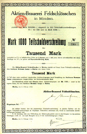 Minden/Westf.: TEIL-Schuldverschreibung der FELDSCHL�SSCHEN-Brauerei