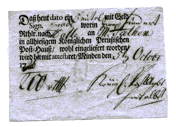 Minden: gedruckter Postschein von 1726